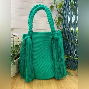 Classic Boho Chic Teal  Top Handle Wayuu Bag - Handwoven Trendy Tote Bag